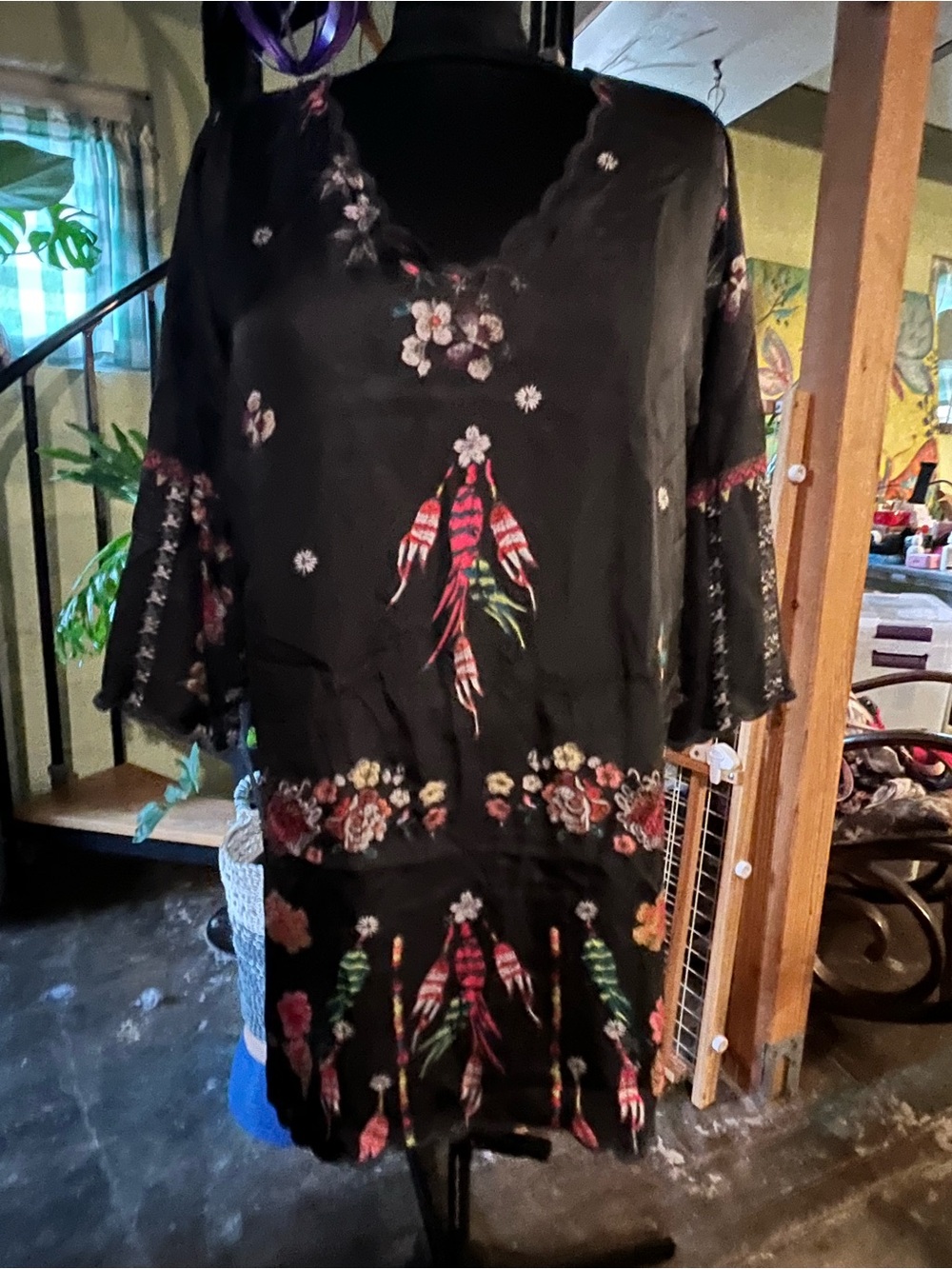 Johnny Was Black Tunic with Red and Green Feather Floral Motif